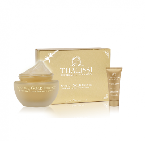 A Thalissi Natural Gold Essence arckrém arannyal, argánolajjal és sáfránnyal. Exkluzív krém-koktél, amely a legkülönlegesebb hatóanyagai segítségével veszi fel a harcot a ráncok és a bőr öregedésével szemben.